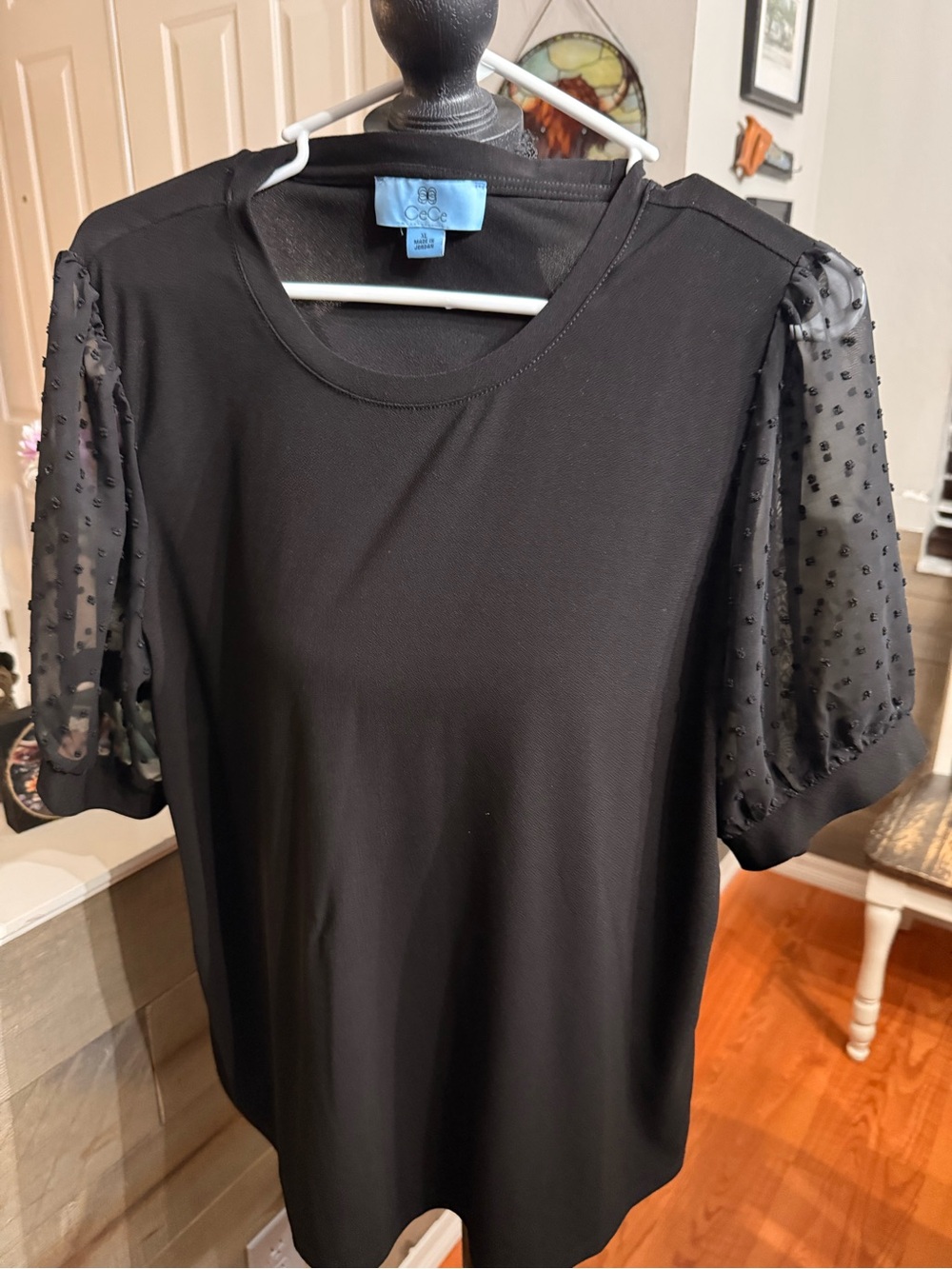 Black Women's Puff Sleeve Top with Textured Sheer Sleeves